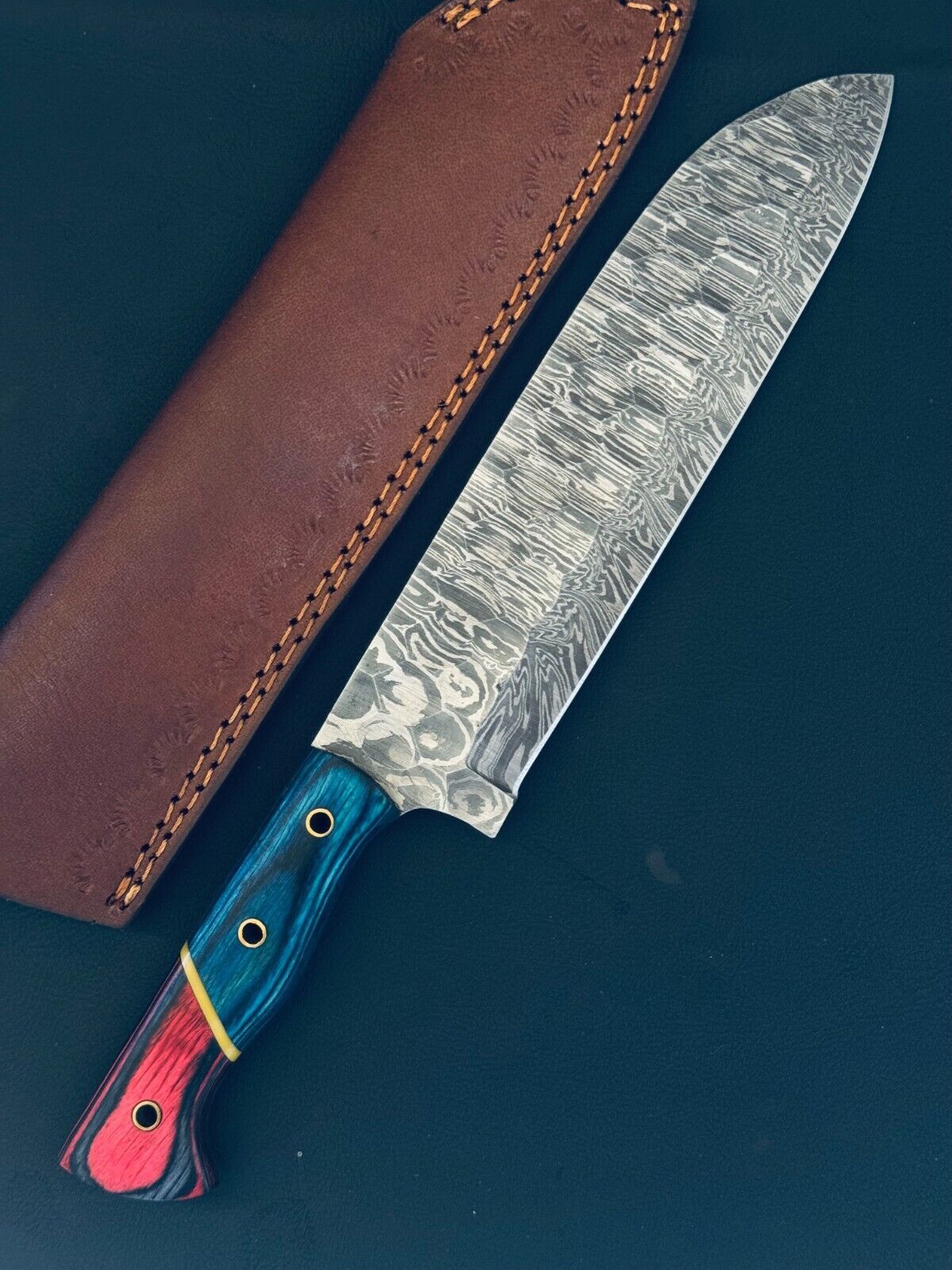 13" Handmade Fire Storm Damascus Steel Chef Knife with Bone & Wood Handle – Kitchen Fillet Knife