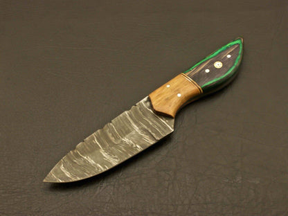 8" Custom Hand Forged Damascus Skinner Knife with Pure Wood Handle and Leather Sheath