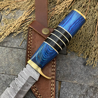 12" Custom Hand Forged Damascus Steel Bowie Knife – Hunting & Camping with Leather Sheath