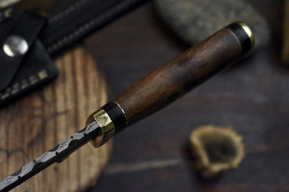 Twist Damascus Skinner Knife with Walnut Wood Handle and Brass Guard – Handmade Hiking Knife