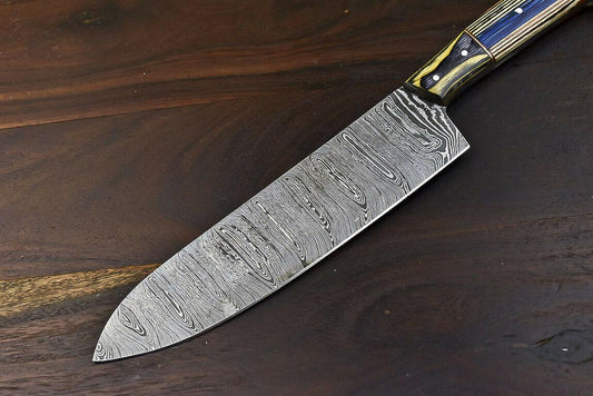 Custom Hand-Forged Damascus Steel Combat, Hunting & Chef Knife with Hard Wood Handle, 8.5-Inch Blade, 14-Inch Overall, Wooden Bolster, Full Tang, Oil-Tempered 58-60 HRC