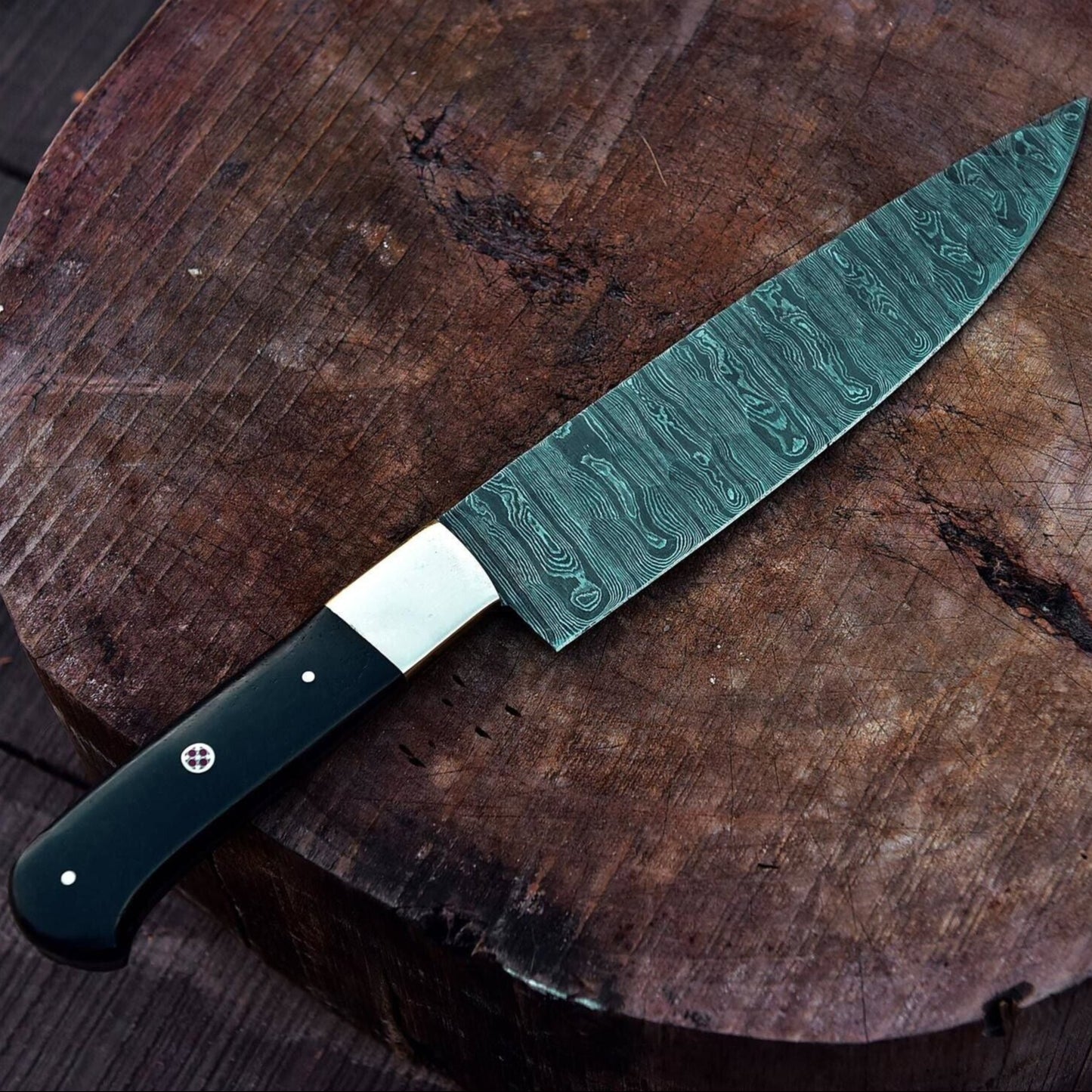 Vintage Handmade Damascus Steel Chef Knife | Custom Kitchen Knife with Bull Horn Handle