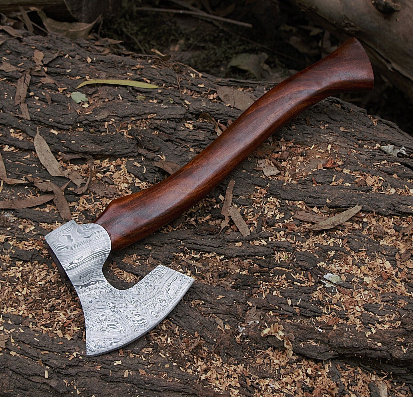 16-Inch Handmade Damascus Steel Axe Hatchet | Camping Bearded Viking Axe with Rosewood Handle & Leather Sheath