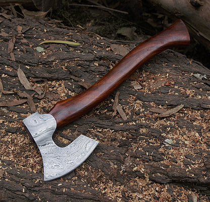 16-Inch Handmade Damascus Steel Axe Hatchet | Camping Bearded Viking Axe with Rosewood Handle & Leather Sheath