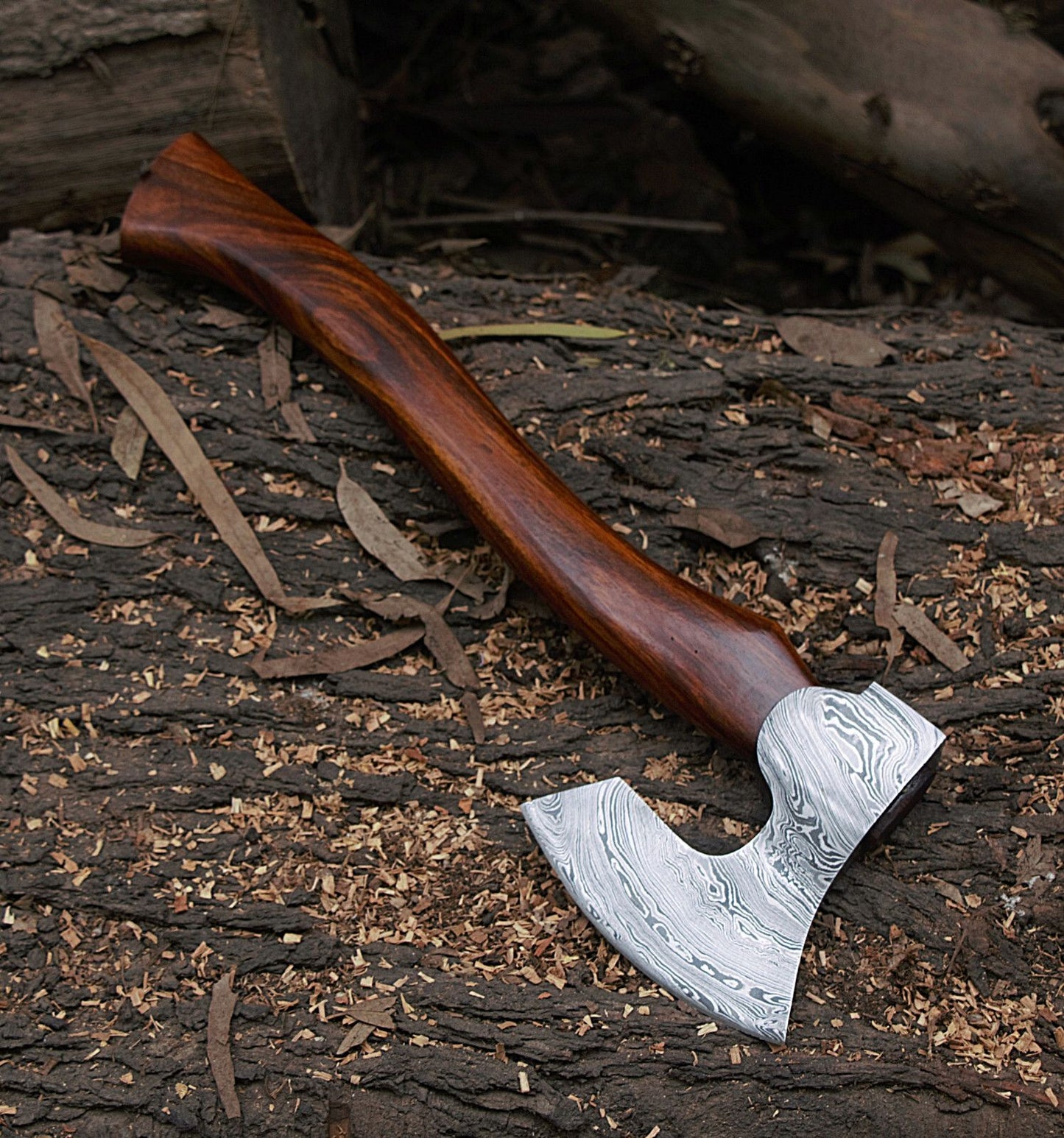 16-Inch Handmade Damascus Steel Axe Hatchet | Camping Bearded Viking Axe with Rosewood Handle & Leather Sheath