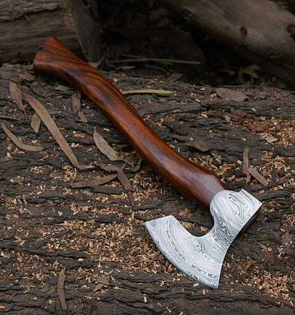16-Inch Handmade Damascus Steel Axe Hatchet | Camping Bearded Viking Axe with Rosewood Handle & Leather Sheath