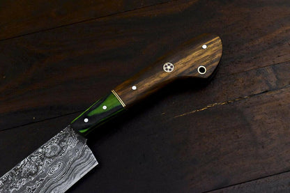 Hand Forged 13" Damascus Steel Hunting & Chef Knife with Walnut Wood Handle and Wooden Bolster