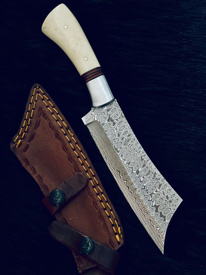 10 Inch Handmade Twist Damascus Machete Hunting Knife with Camel Bone and Wood Handle