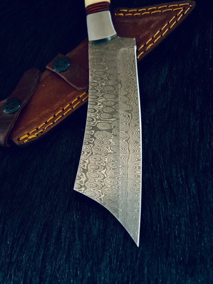 10 Inch Handmade Twist Damascus Machete Hunting Knife with Camel Bone and Wood Handle