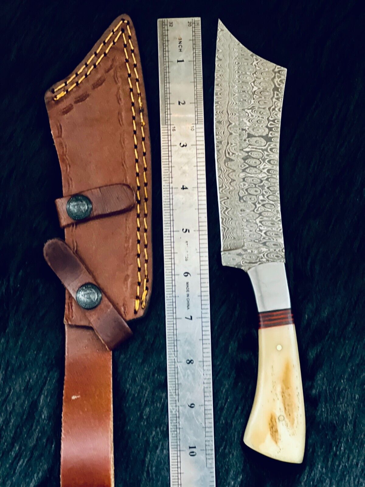 10 Inch Handmade Twist Damascus Machete Hunting Knife with Camel Bone and Wood Handle