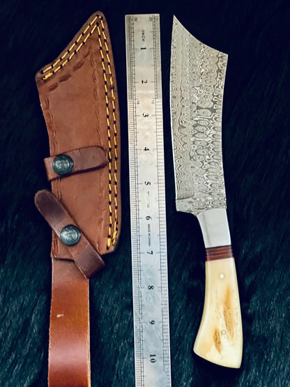 10 Inch Handmade Twist Damascus Machete Hunting Knife with Camel Bone and Wood Handle