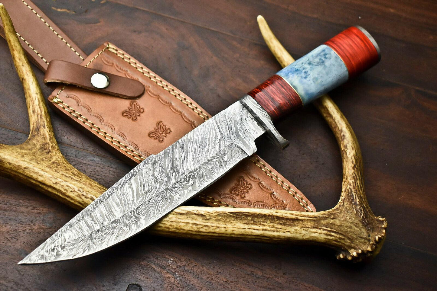 13" Damascus Steel Bowie Knife – Camel Bone Handle | Custom Handmade Hunting Blade