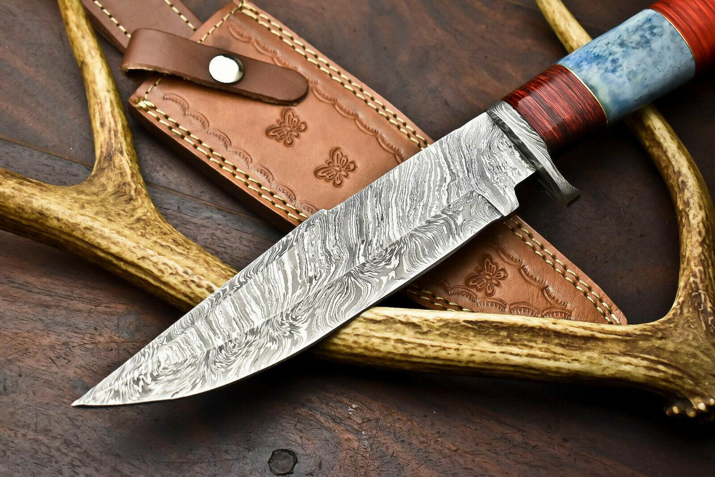 13" Damascus Steel Bowie Knife – Camel Bone Handle | Custom Handmade Hunting Blade