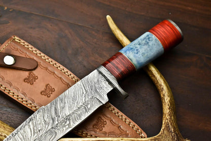 13" Damascus Steel Bowie Knife – Camel Bone Handle | Custom Handmade Hunting Blade