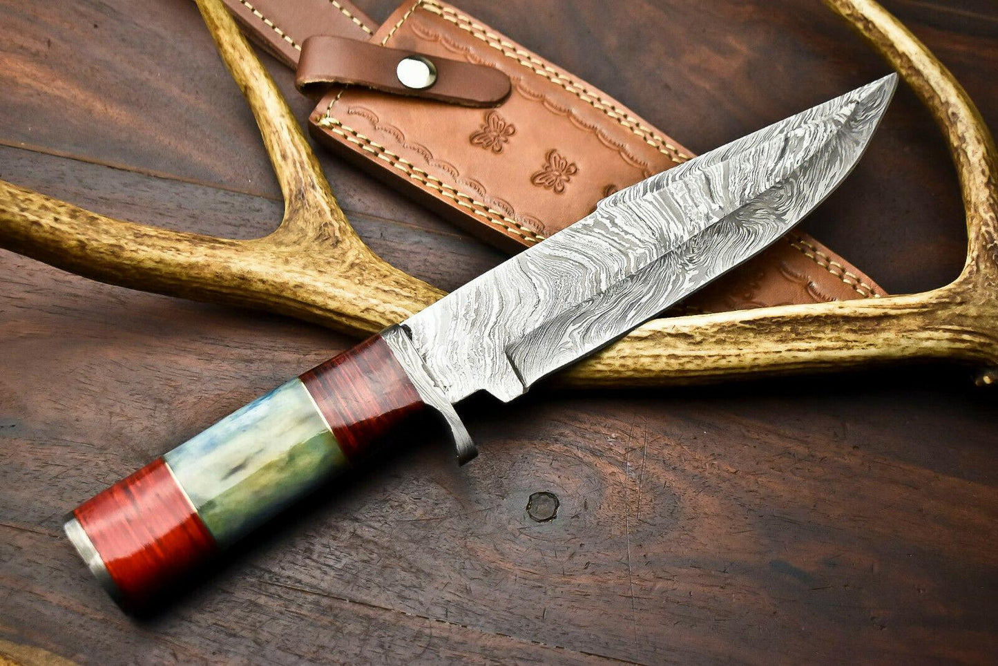 13" Damascus Steel Bowie Knife – Camel Bone Handle | Custom Handmade Hunting Blade