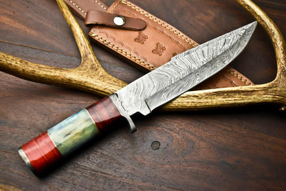 13" Damascus Steel Bowie Knife – Camel Bone Handle | Custom Handmade Hunting Blade