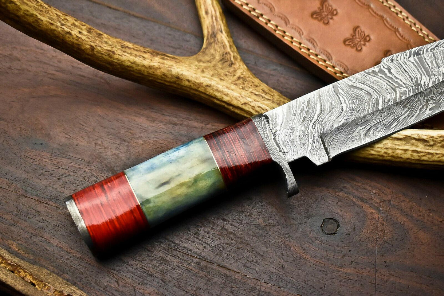 13" Damascus Steel Bowie Knife – Camel Bone Handle | Custom Handmade Hunting Blade