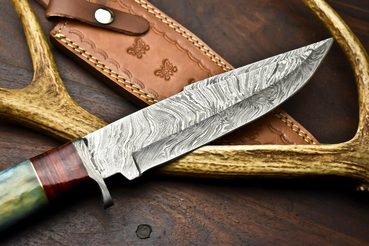 13" Damascus Steel Bowie Knife – Camel Bone Handle | Custom Handmade Hunting Blade