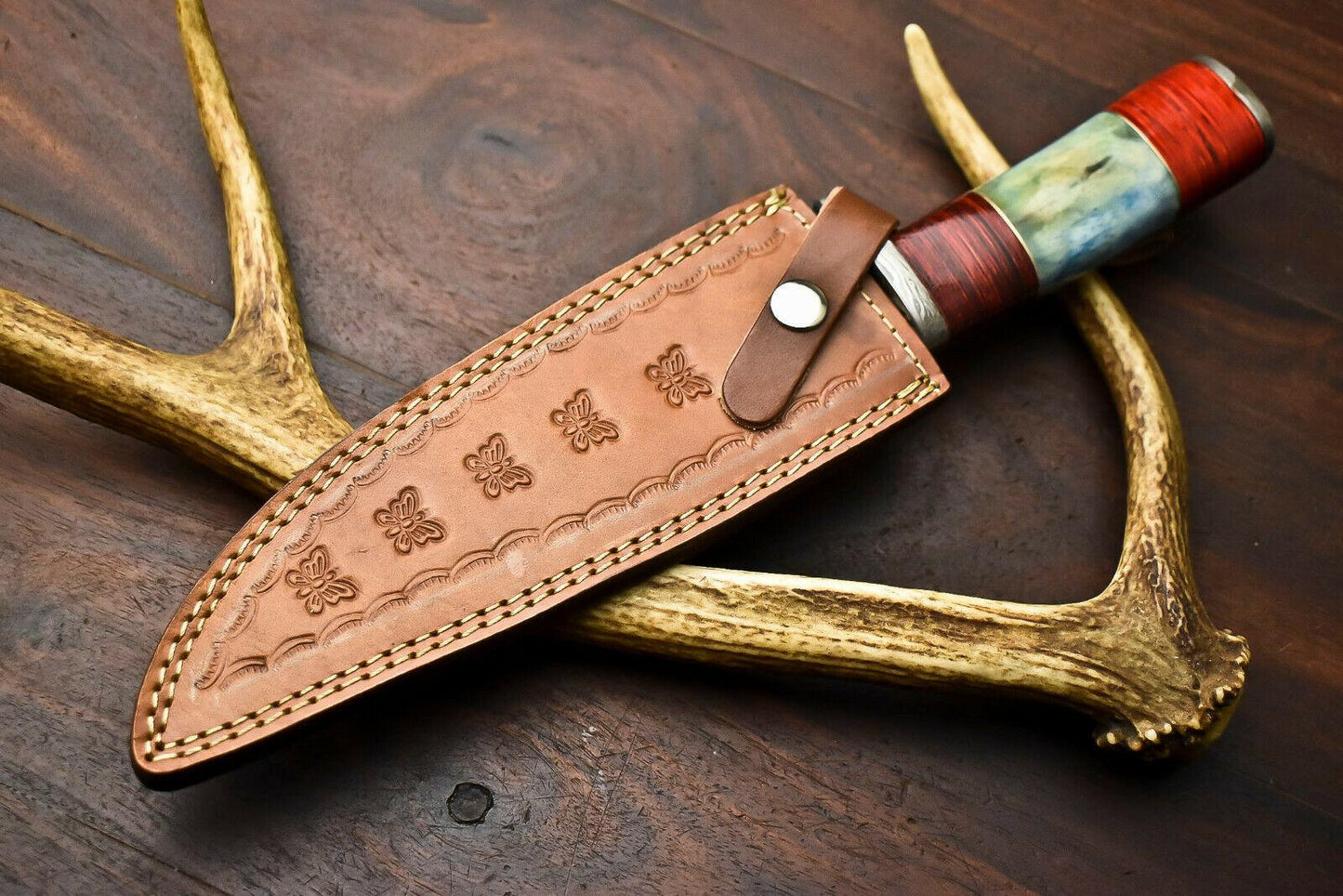 13" Damascus Steel Bowie Knife – Camel Bone Handle | Custom Handmade Hunting Blade