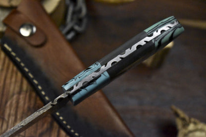 Twist Damascus Skinner Knife with Corian Handle – Handmade EDC Fixed Blade