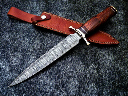14" Hand-Forged Damascus Dagger Bowie Hunting Knife – Natural Wood Handle & Leather Sheath