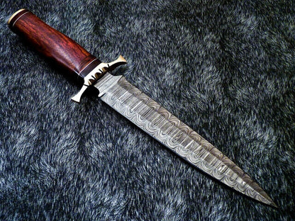 14" Hand-Forged Damascus Dagger Bowie Hunting Knife – Natural Wood Handle & Leather Sheath