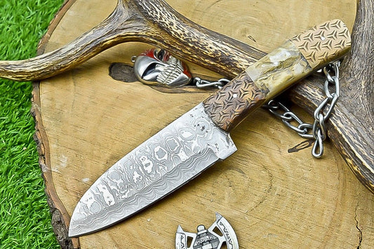 10" Handmade Damascus Steel Bowie Knife – Wooden and stag Handle Hunting Knife