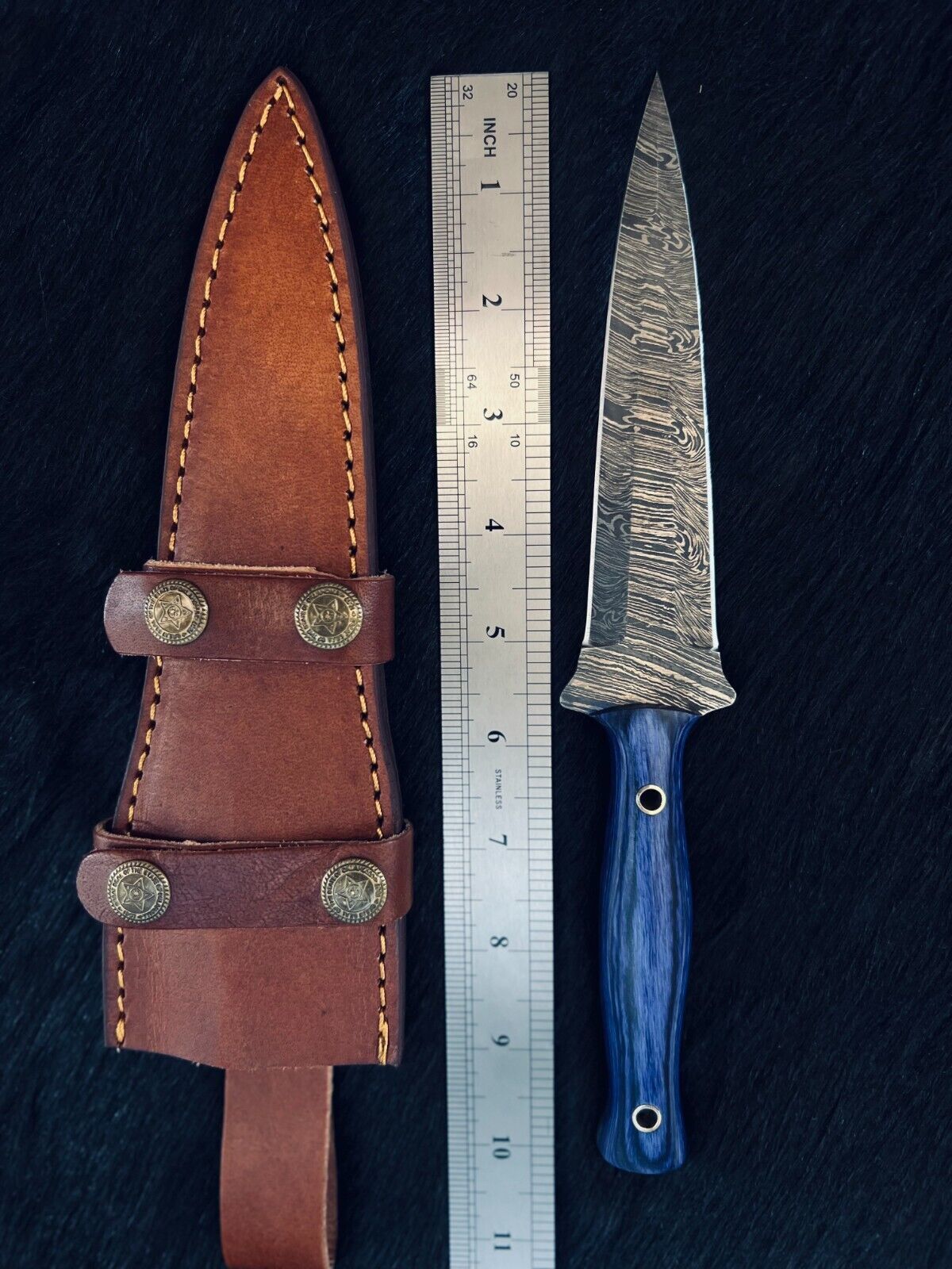 Heritage Forge 10 Inch Fire Damascus Steel Dagger Knife with Camel Bone and Wood Handle