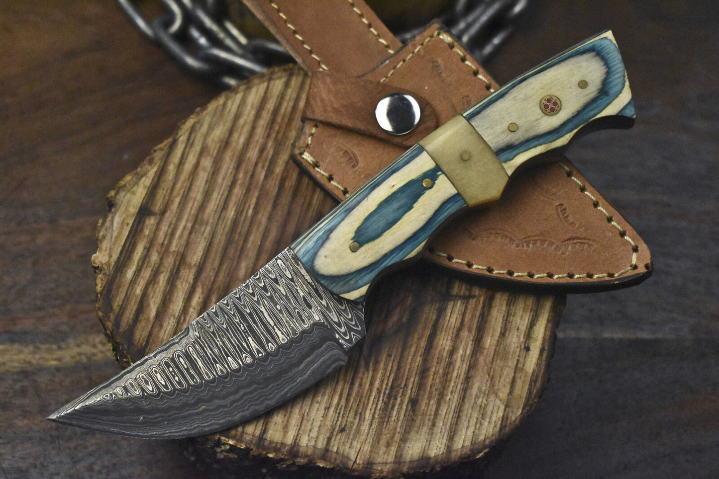 8.5" Damascus Skinner Knife Ladder Pattern Bone and Wood Handle Hunting Fishing Gift
