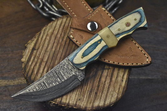 8.5" Damascus Skinner Knife Ladder Pattern Bone and Wood Handle Hunting Fishing Gift