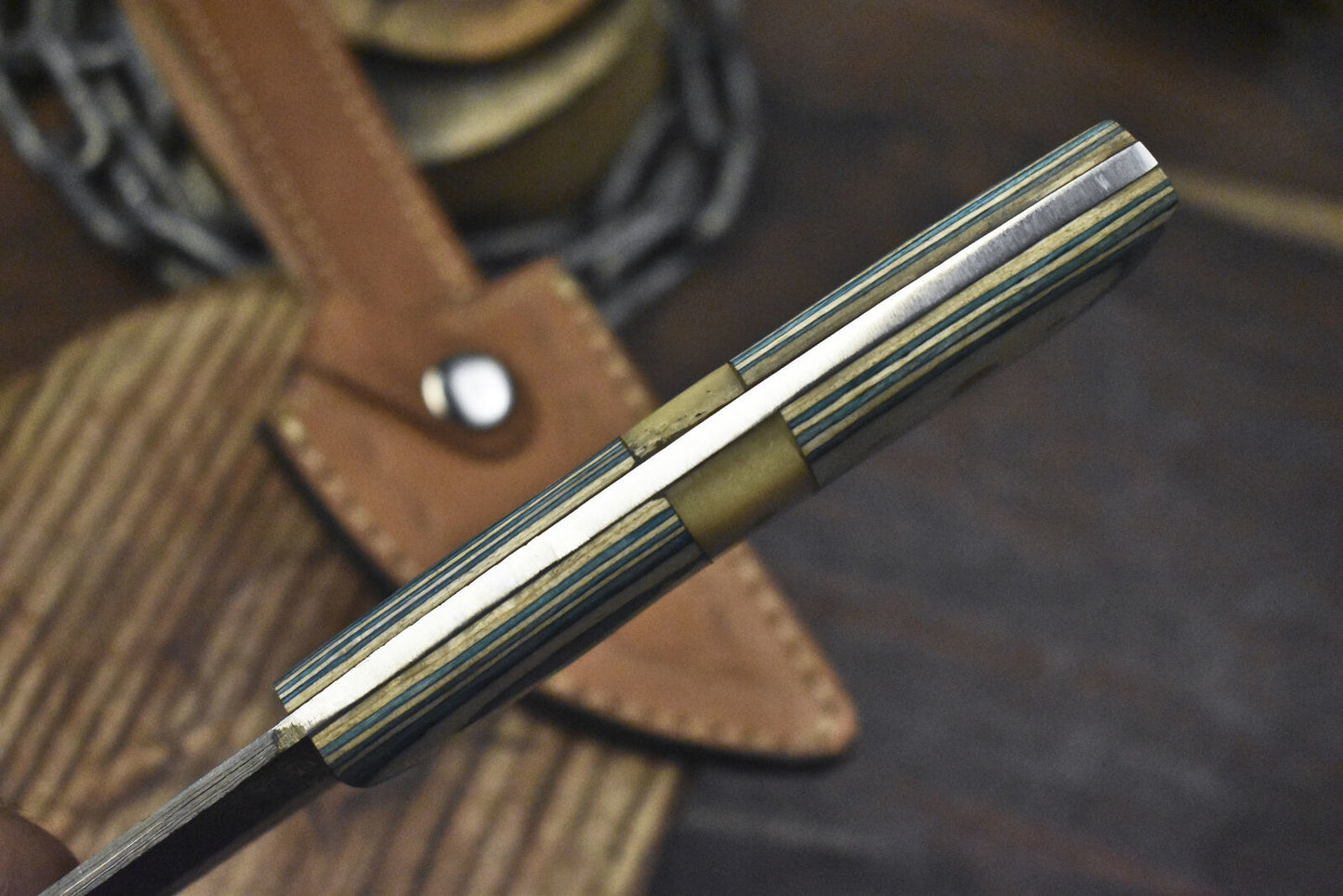 8.5" Damascus Skinner Knife Ladder Pattern Bone and Wood Handle Hunting Fishing Gift