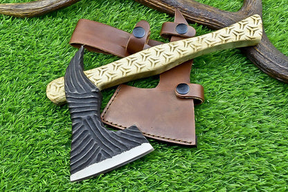 Custom Handmade Carbon Steel Viking Tomahawk with Engraved Olive Wood Handle and Sheath