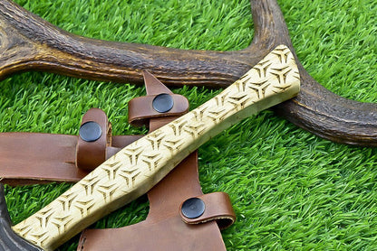 Custom Handmade Carbon Steel Viking Tomahawk with Engraved Olive Wood Handle and Sheath