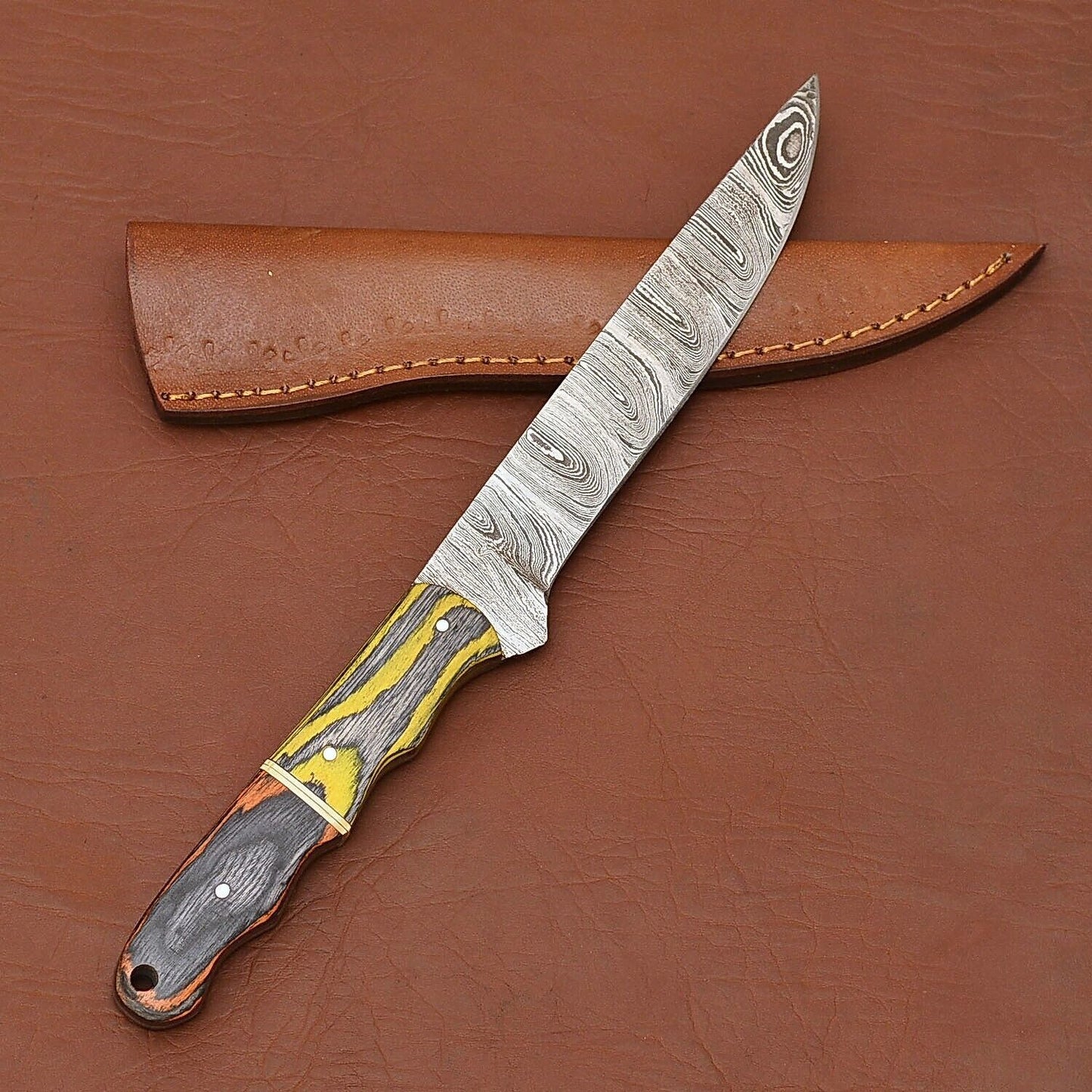 Custom Handmade Damascus Steel Fillet Knife – 12" Kitchen Chef Knife with Wood Handle & Leather Sheath