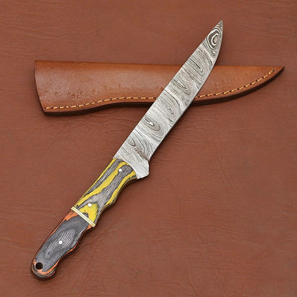 Custom Handmade Damascus Steel Fillet Knife – 12" Kitchen Chef Knife with Wood Handle & Leather Sheath