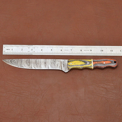 Custom Handmade Damascus Steel Fillet Knife – 12" Kitchen Chef Knife with Wood Handle & Leather Sheath