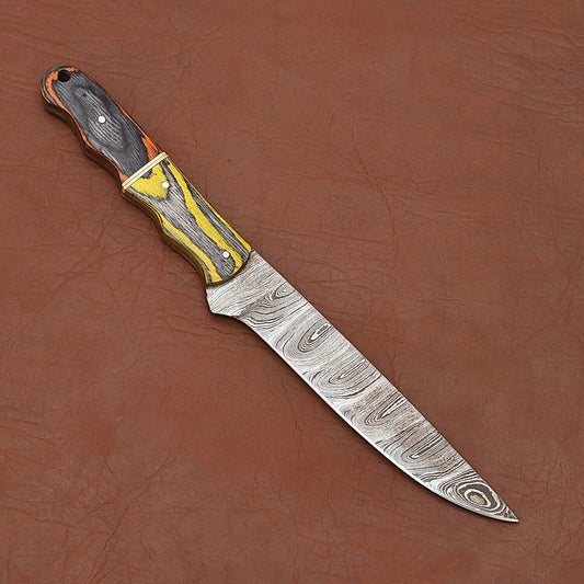 Custom Handmade Damascus Steel Fillet Knife – 12" Kitchen Chef Knife with Wood Handle & Leather Sheath