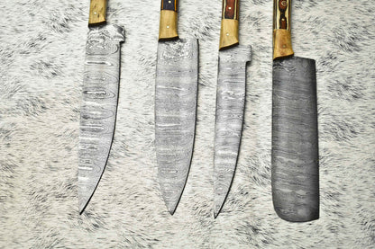 Lot Of 4 Handmade Damascus Hammered Full Tang Chef Set Knife | Hard Wood