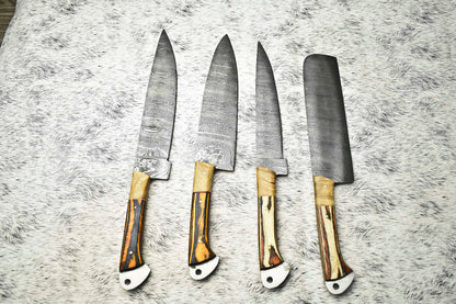 Lot Of 4 Handmade Damascus Hammered Full Tang Chef Set Knife | Hard Wood