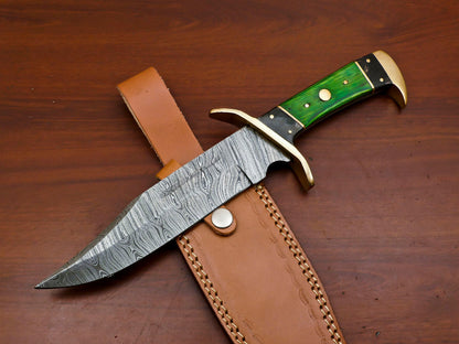 12" Hand Forged Damascus Steel Bowie Hunting Knife with Pakka Wood Handle
