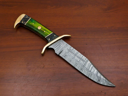 12" Hand Forged Damascus Steel Bowie Hunting Knife with Pakka Wood Handle