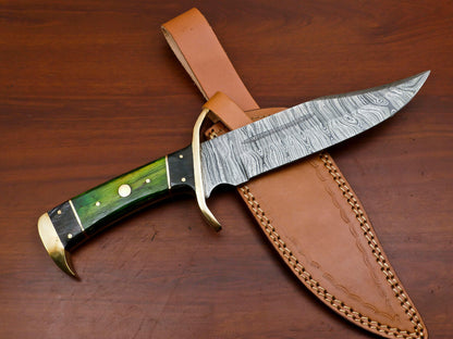 12" Hand Forged Damascus Steel Bowie Hunting Knife with Pakka Wood Handle