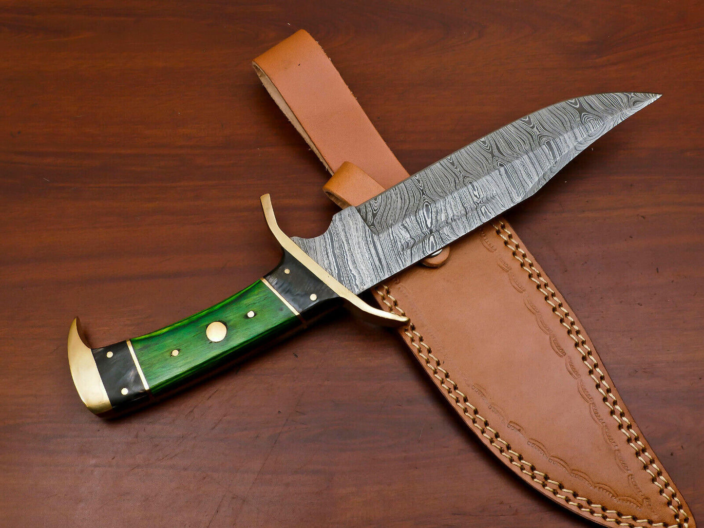 12" Hand Forged Damascus Steel Bowie Hunting Knife with Pakka Wood Handle