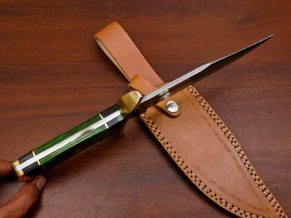 12" Hand Forged Damascus Steel Bowie Hunting Knife with Pakka Wood Handle