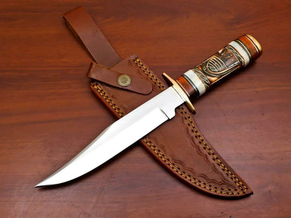 Handmade D2 Steel Bone Bowie Knife – Burnt Camel Bone & Pakka Wood Handle