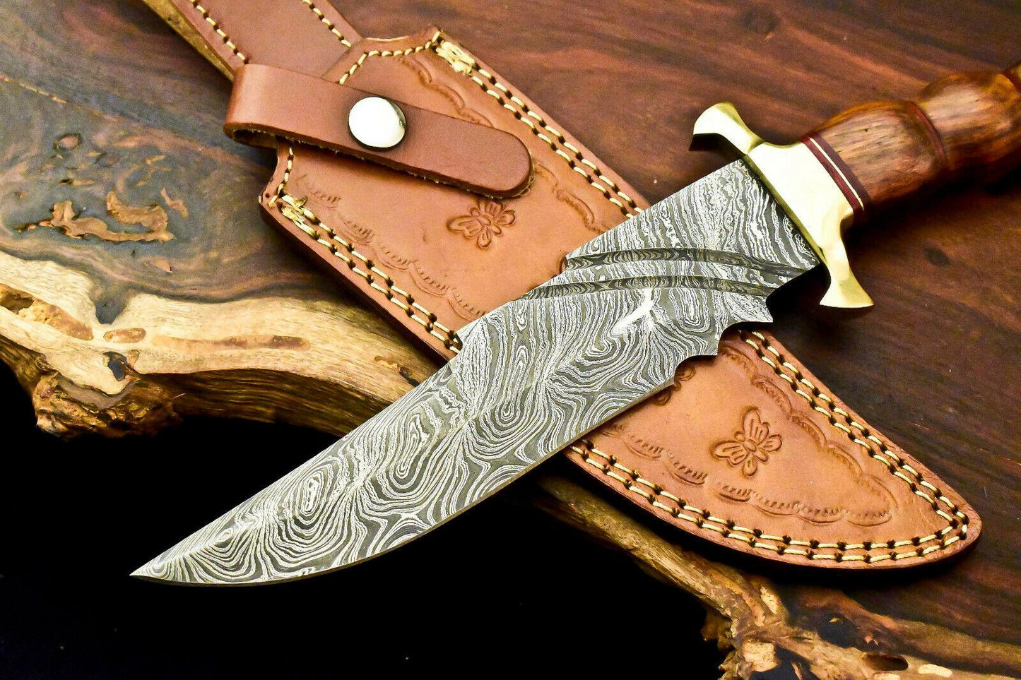 12.5" Handmade Damascus Steel Bowie Knife with Walnut Wood Handle