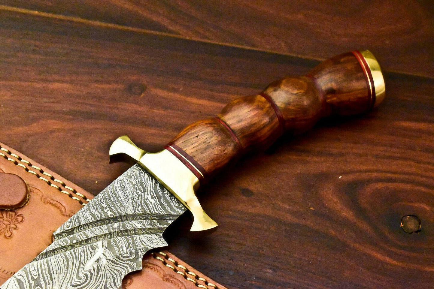12.5" Handmade Damascus Steel Bowie Knife with Walnut Wood Handle