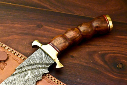 12.5" Handmade Damascus Steel Bowie Knife with Walnut Wood Handle