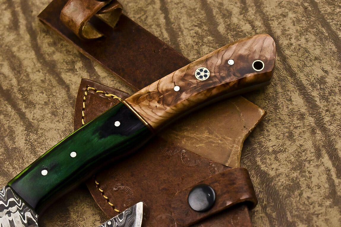 Custom Handmade Damascus Steel Olive Wood Hunting Clever Chopper Axe Knife with Leather Sheath