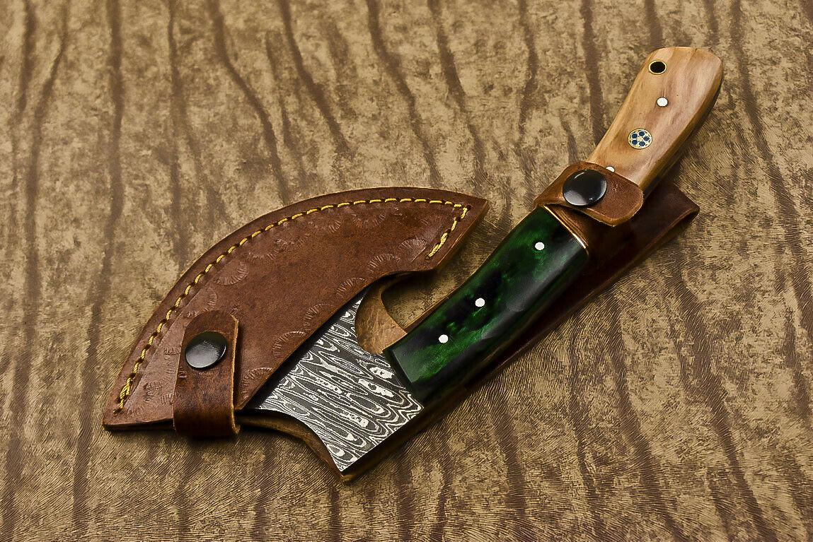 Custom Handmade Damascus Steel Olive Wood Hunting Clever Chopper Axe Knife with Leather Sheath